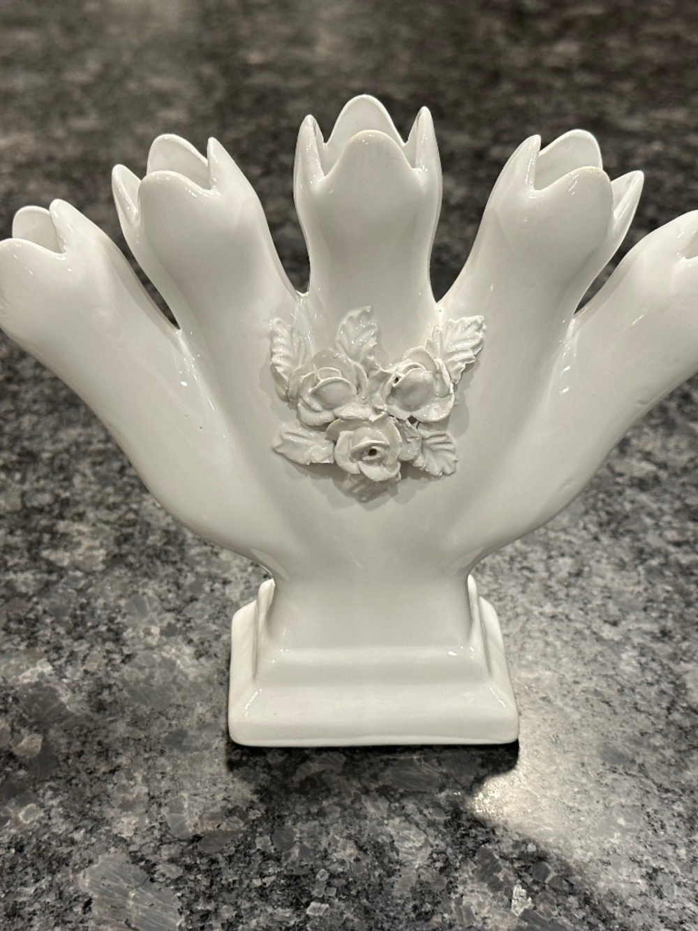 White Ceramic Five Finger Tulipiere Bud Vase with Floral Rose Appliqué